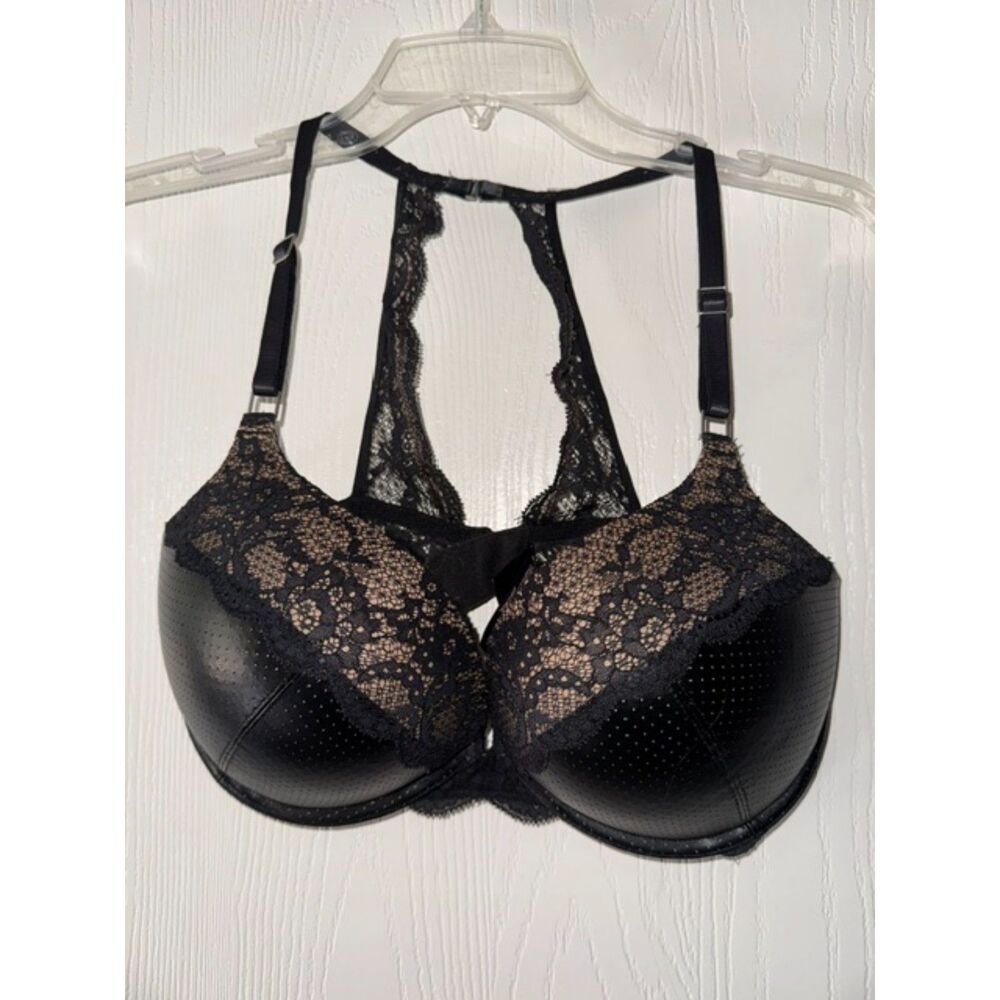 Victoria's Secret 36D Bombshell Bra Plunge Black Faux Leather Lace High Back